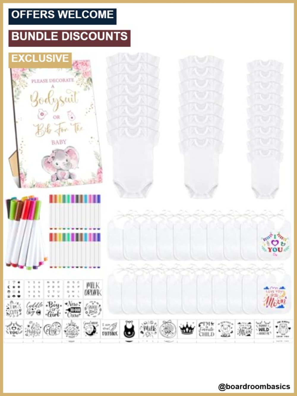 Panitay 100 Pc Baby Shower Bibs Bodysuits Kit 25 Guests DIY Craft Set